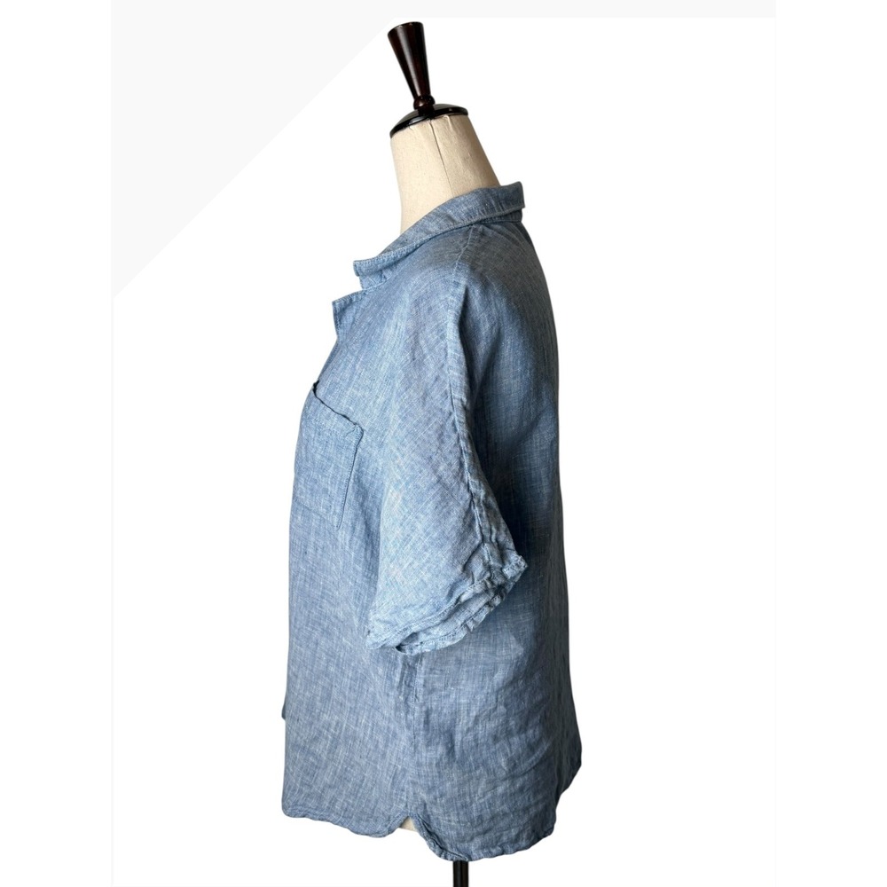 Garnet Hill Linen Button Down Shirt Women 8 Blue Short Sleeve Preppy Lagenlook - Picture 4 of 9